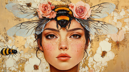 portrait of a woman with bee on head