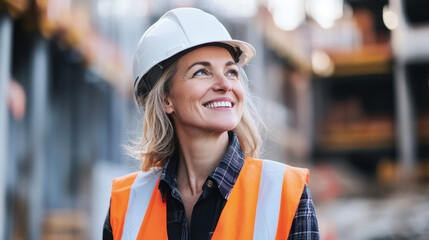 Smiling middle aged European female construction worker on the construction site, wearing a safety helmet and work vest.