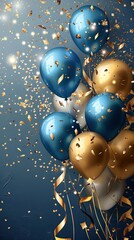 Holiday background with golden and blue metallic balloons, confetti and ribbons. Festive card for birthday party, anniversary, new year, christmas or other events