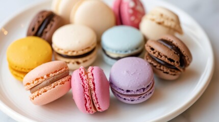 Obraz premium Colorful macarons arranged on a white plate