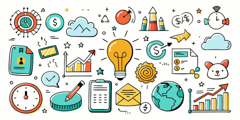 Business doodle icon set, hand drawn finance vector sketch, ink line startup money clipart. Creative presentation project scribble, cartoon cute strategy sign, achievement chart. Business doodle kit