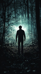 Make a Movie poster Create an image of a young man in the dark woods with flashlights and walking. Scary vibe