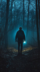 Fototapeta premium Make a Movie poster Create an image of a young man in the dark woods with flashlights and walking. Scary vibe