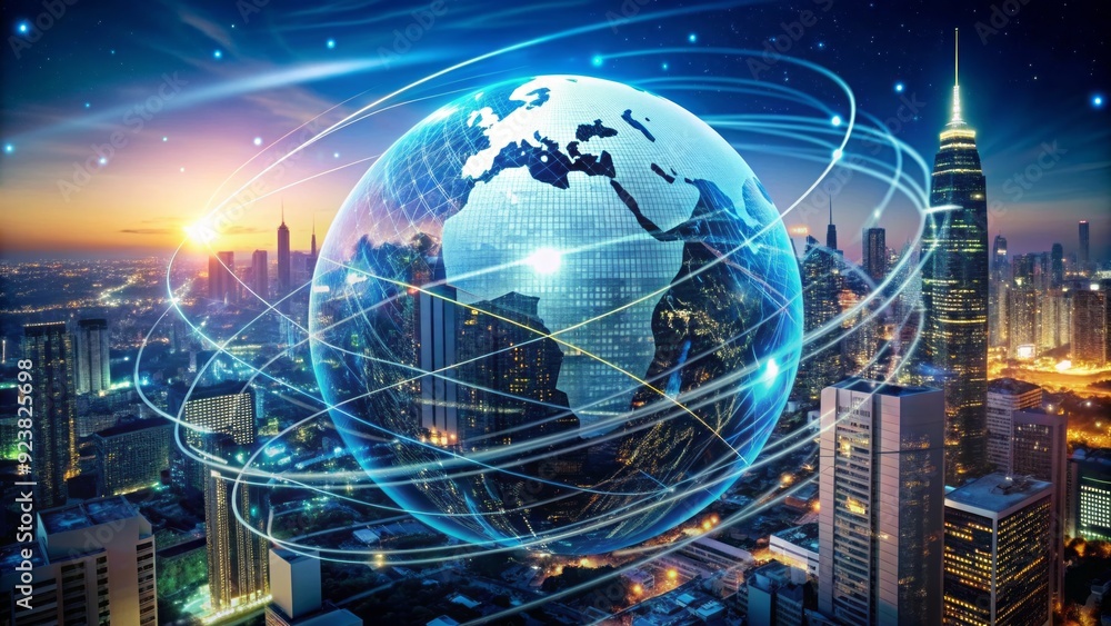 Poster stunning aerial cityscape serves as backdrop for spinning globe surrounded by swirling data streams 
