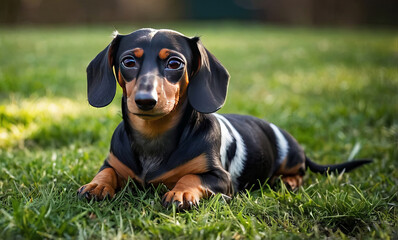 a dachshund, also known as a badger dog, sausage dog, or wiener dog, is seen resting 