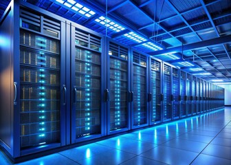 Row of tall blue cabinets containing humming servers and blinking network equipment lined up in a large, dimly lit, and climate-controlled data center facility.