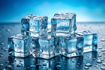 Frosted ice cubes on a transparent background, evoking a refreshing and cooling sensation, perfect for representing revitalizing drinks and summertime relaxation, ideal for advertisements.