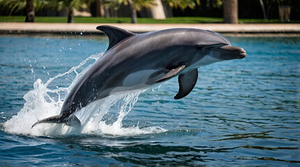 Fototapeta premium a dolphin is jumping out of the water