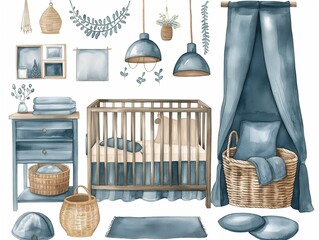 Set of kids room elements watercolor illustration on white. AI generated