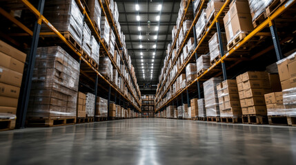 Fototapeta premium Large Modern Warehouse with Stacked Pallets of Goods