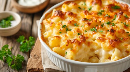 A serving of cheesy macaroni gratin