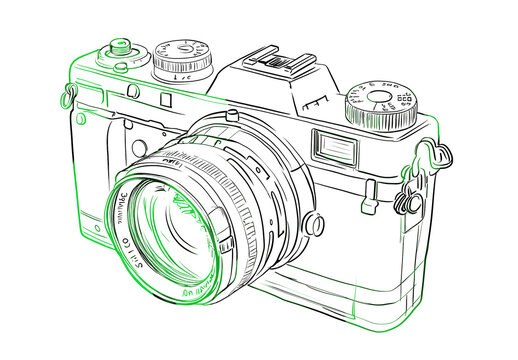 Vintage film camera sketch in wireframe design with green and gray outline, detailed lens, retro photography equipment, minimalist illustration, isolated PNG on transparent background.






