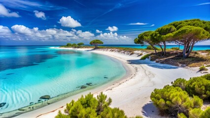 Turquoise Mediterranean waters lap against sugar-white sand, surrounded by towering sand dunes and pine trees in this serene beach scene in Ses Covetes Es Trenc.