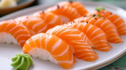 Image of Fresh slices of salmon sushi nigiri arranged on a white plate printed on Printed Glass Worktop Savers