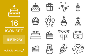Linear birthday icon set for graphic design, creativity, party, celebration, anniversary commemoration resources. Cake, pastries, gift, balloons, candle, calendar, flags. Editable stroke EPS vector.