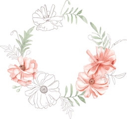 Elegant Floral Wreath with Soft pink Watercolor Poppies.