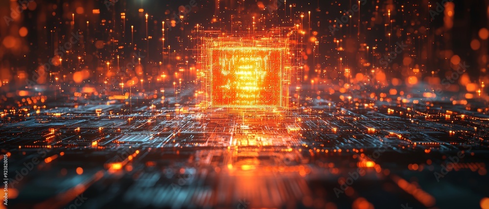 Poster cybersecurity concept: 3d rendered fortress of digital firewalls protecting a glowing data core