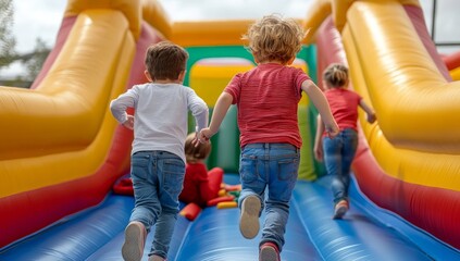 Children Running on Inflatable Bouncy Castle with Colorful Slides and Windows, Shot from Behind