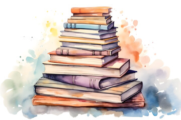 Watercolor Illustration with stack of books. World book day concept	
