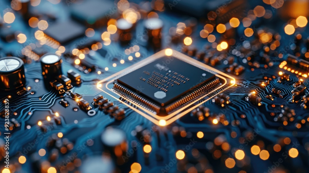 Fototapete a close up of an advanced chip on the circuit board, showcasing its intricate design and high-tech f