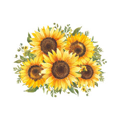 Obraz premium Floral bouquet with sunflowers. Hand drawn rustic watercolor illustration.