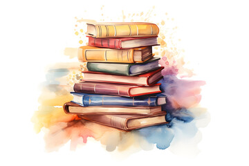 Watercolor Illustration with stack of books. World book day concept	