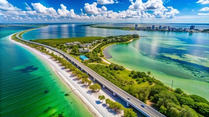 Fototapeta premium Bird's-eye view of Dunedin Causeway, Tampa Bay, Florida, showcasing pristine white sandy beaches, calm turquoise waters, and lush green vegetation surrounding the scenic drive.