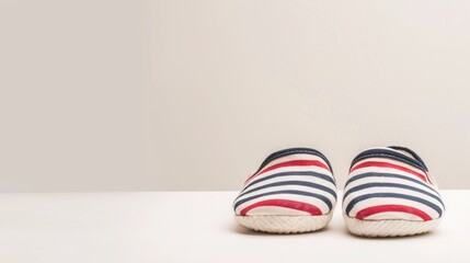 Child s striped cotton slippers on white background with space for text