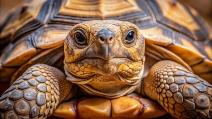 Naklejka premium A gentle desert tortoise showcases its intricately patterned shell and wise, ancient eyes in a serene close-up portrait within a naturalistic enclosure setting.