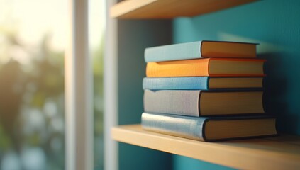 Close-Up of Books on Shelf in Library with Blurred Background of Bookshelves