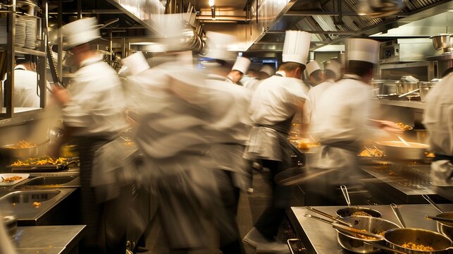 In a bustling kitchen, chefs expertly create culinary masterpieces amid the fast-paced energy.