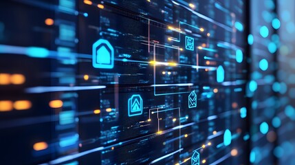 Naklejka premium Blockchain Technology Symbols and Digital Icons. Futuristic Digital Art Depicting Data Streams Flowing Through a Server Rack in Dark Blue Tones, Emphasizing Modernity and Advanced Technology