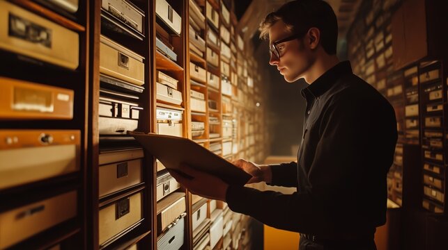 Young man researching archival documents in a vintage library during the evening - Powered by Adobe