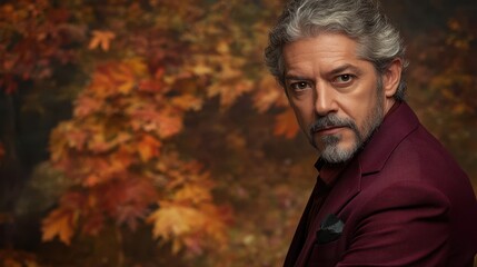 Distinguished Gentleman with Grey Hair in Autumn Backdrop