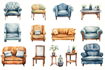Watercolor illustration of vintage classic furniture collection on white onisolated on white background	