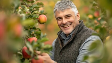 Smiling Senior Man Picking Apples in Autumn Orchard