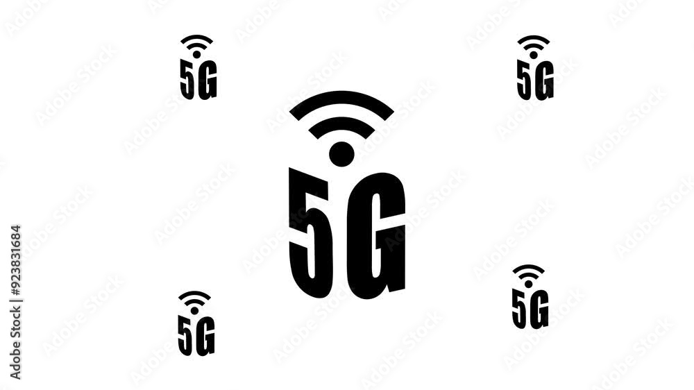Poster zoom in and out animation the 5g symbol. large black symbol in the center and four small symbols aro