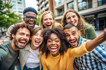 Obraz premium Diverse group of cheerful friends of different racial backgrounds gathered together, laughing and making funny faces while taking a playful selfie in urban surroundings.