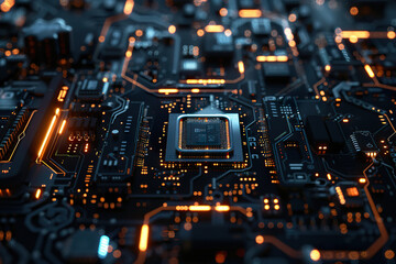 Obraz premium A close up of a computer chip with a bright orange glow, generative ai image.