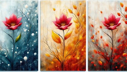 Triptych Art of single flower depicted in spring, summer, and autumn, showcasing its transformation through the seasons. Impressionism, Watercolor