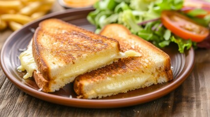 A homemade grilled cheese sandwich with a crispy crust, served with a side of fresh salad