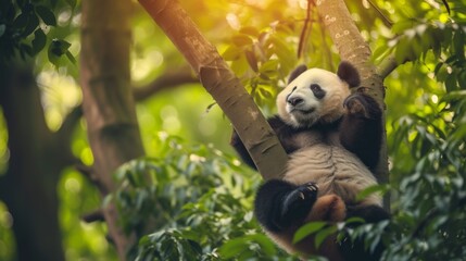 Obraz premium A giant panda climbing lazily on a tree branch in its natural habitat