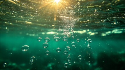 Underwater bubbles rising towards the sunlight in a serene turquoise ocean