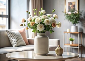 Delicate artificial flowers bloom in a elegant ceramic vase, beautifully centered on a minimalist decorative table, exuding serenity and sophistication in a modern interior setting.