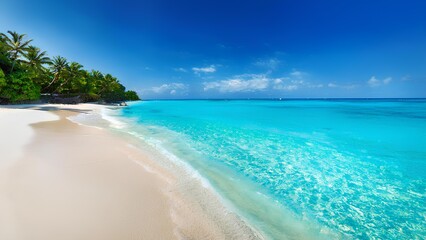 Blue Lagoon, a paradise on the seashore. Beautiful beach with turquoise sea and white sand. Summer vacation on the tropical coast.