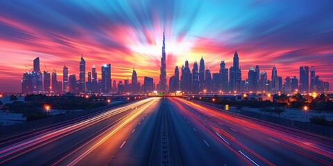 Fototapeta premium Dubai Skyline at Sunset with Light Trails