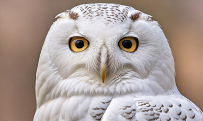 Obraz premium Majestic Snowy Owl Perched Against a Soft Brown Background During Winter Season