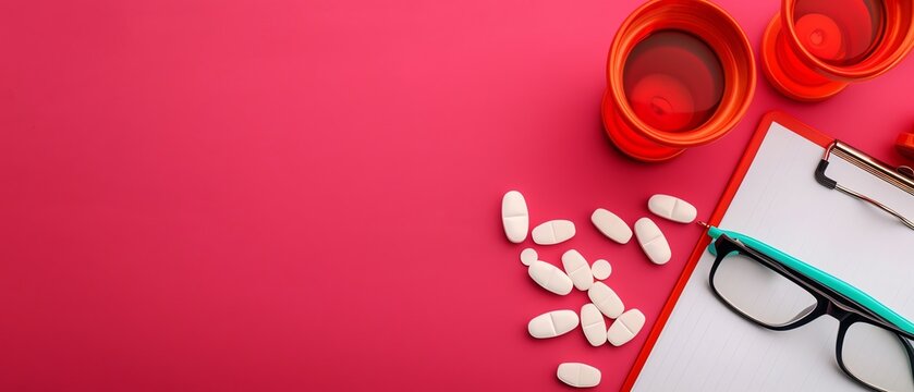 White pills scattered on a pink surface next to a clipboard, glasses, and red cups.