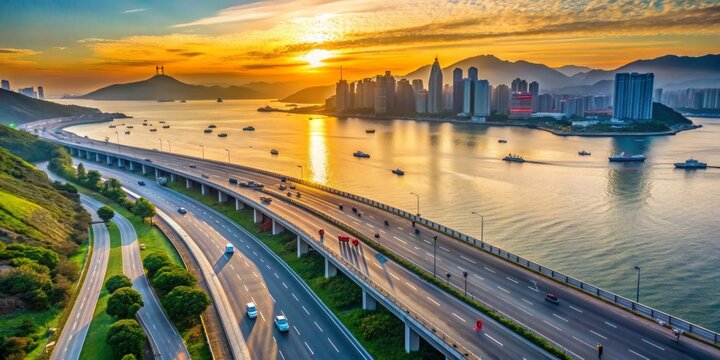 Breathtaking morning view of Hong Kong's Island Eastern Corridor motorway, with Chinese direction signs, during a 10km marathon run, near Taikoo seaside.