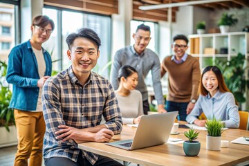 Confident Asian male graphic designer working alongside diverse colleagues in a modern office, promoting teamwork, collaboration, and creativity in a growing startup business environment.